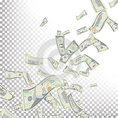 Flying Dollar Banknotes Vector. Cartoon Money Bills Banknotes. Falling Finance. Rain From Dollars . Transparent Vector Illustration
