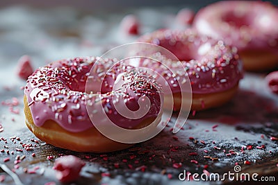 Flying donuts. Mix of multicolored doughnuts with sprinkles Stock Photo