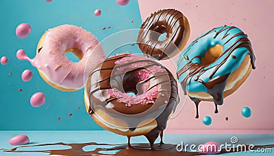Flying doughnuts on blue and pink background Stock Photo