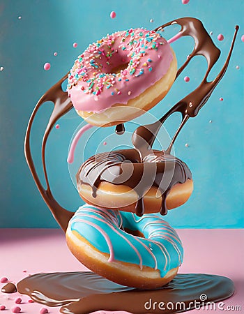 Flying doughnuts on blue and pink background Stock Photo