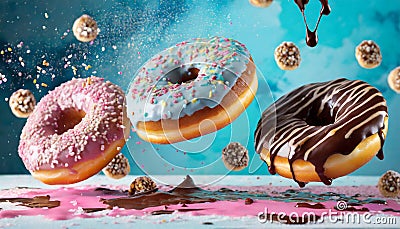 Flying doughnuts on blue and pink background Stock Photo