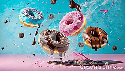 Flying doughnuts on blue and pink background Stock Photo