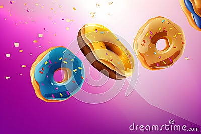 Flying doughnuts with multicolored glaze. Creative food trend. Levitating food. Trendy toning in color of year. Donuts Cartoon Illustration