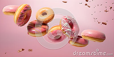 Flying doughnuts with pink glaze. Creative food trend. Levitating food in color of year. Donuts illustration with copy space on a Cartoon Illustration