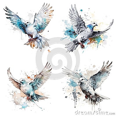 flying dove watercolor illustration set Cartoon Illustration