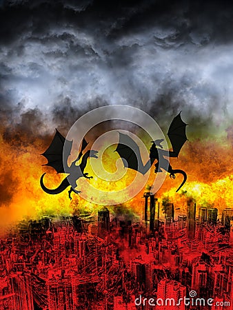 Flying Dragon City Ruins Apocalypse Stock Photo