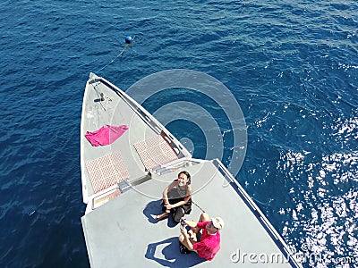 Flying drone above boat Editorial Stock Photo