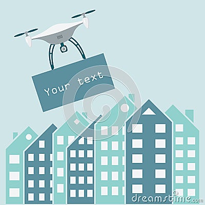 Flying drone carrying advertisement banner in the sky over city. Vector illustration template banner / poster. Fast delivery Vector Illustration