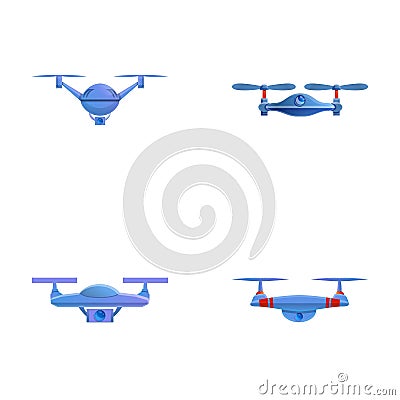 Flying drone icons set cartoon vector. Drone quadrocopter with camera Vector Illustration