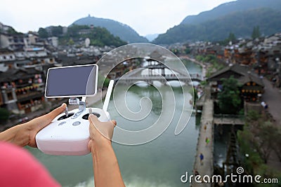 Flying drone taking photo of the ancient city Editorial Stock Photo