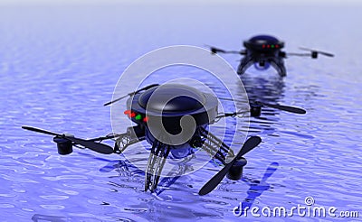 Flying drones investigating water surface Stock Photo