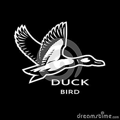 Flying duck logo on a dark background. Cartoon Illustration