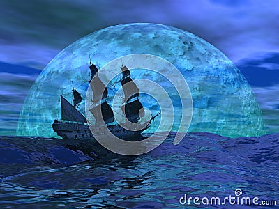 Flying dutchman boat by night - 3D render Stock Photo