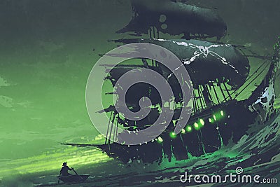 Flying Dutchman ghost pirate ship in the sea with mysterious green light Cartoon Illustration