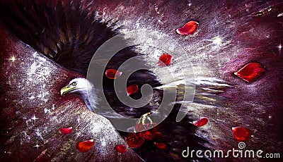A flying Eagle holds roses in its paws. Oil painting. Stock Photo