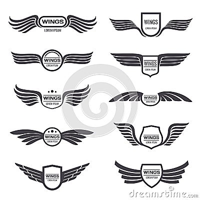 Flying eagle wings vector logos set. Vintage winged emblems and labels Vector Illustration