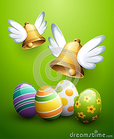 Flying Easter bells and eggs Cartoon Illustration