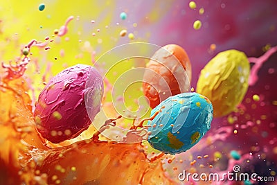 Flying Easter eggs in a colorful explosion Stock Photo