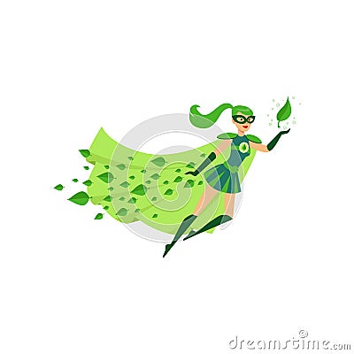 Flying eco superhero female in costume Vector Illustration