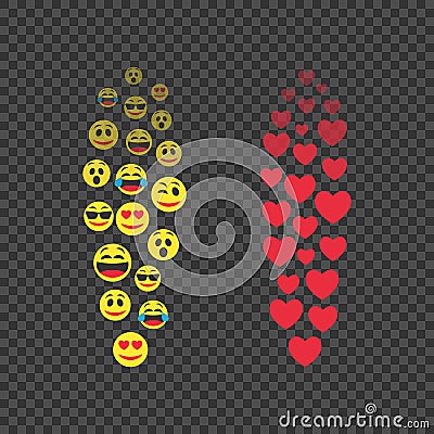 Various emoji in move. Red hearts in move. Expression of audience emotions. The level of popularity of video broadcasts of users. Vector Illustration