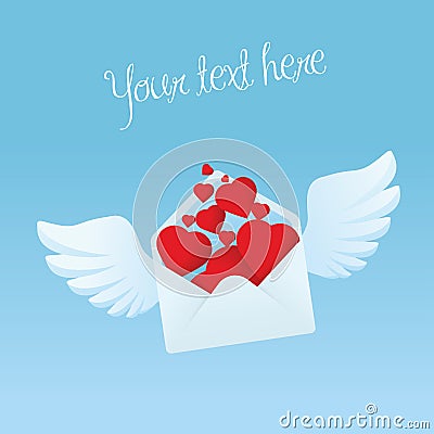 Flying envelope with wings filled with red hearts Stock Photo