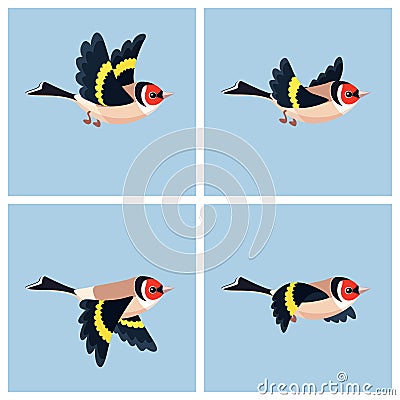 Flying European Goldfinch animation sprite sheet Vector Illustration