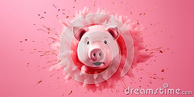 Flying exploding piggy bank on a pink background , concept of Pink pig Stock Photo