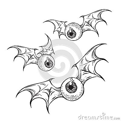 Flying eyeballs with creepy demon wings hand drawn black and white halloween theme print design isolated vector illustration Vector Illustration