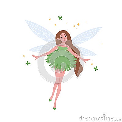 Flying fairy in beautiful dress and with long brunette hair isolated on white background. Folkloric magical creature Vector Illustration