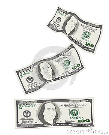 Flying, falling 100 dollar bills. Vector Illustration