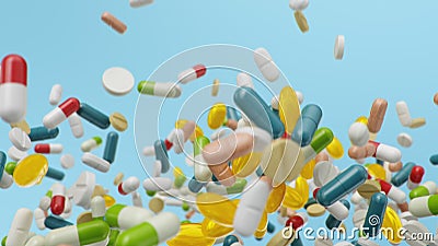 Flying, falling pills. different colored tablets, capsules. Health care concept. Antibiotics inside pills, vitamins Cartoon Illustration