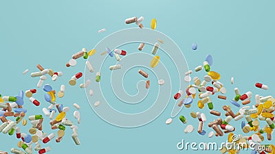 Flying, falling pills. different colored tablets, capsules. Health care concept. Antibiotics inside pills, vitamins Cartoon Illustration
