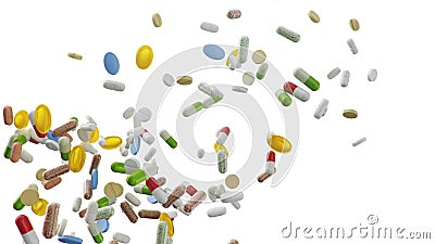 Flying, falling pills. different colored tablets isolate on white background. Health care concept. Antibiotics inside Cartoon Illustration