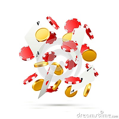 Flying falling poker cards with playing chips and coins. Vector Illustration