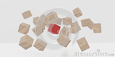 Flying falling wooden cubes showing concept of uniqueness and individuality 3d render illustration Stock Photo