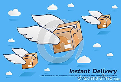Flying fast parcel package with wing instant delivery illustration flat vector cartoon Vector Illustration
