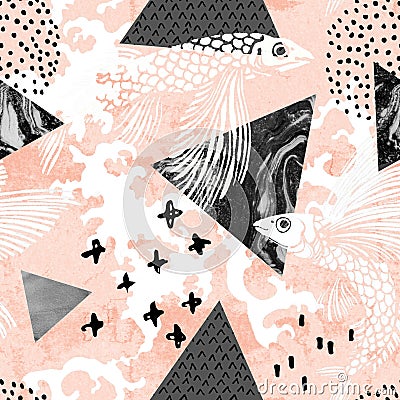 Flying fish silhouette, wave splashes, marble triangles seamless pattern Cartoon Illustration