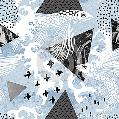 Flying fish silhouette, wave splashes, marble triangles seamless pattern Cartoon Illustration