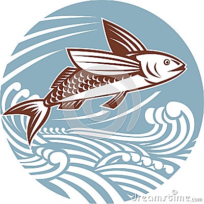 Flying fish with waves retro style Stock Photo