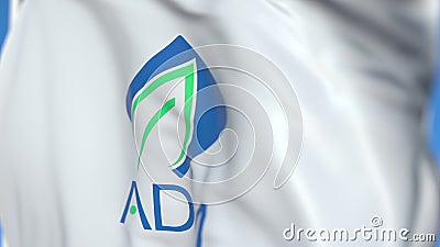 Flying flag with Archer Daniels Midland logo, close-up. Editorial 3D rendering Editorial Stock Photo
