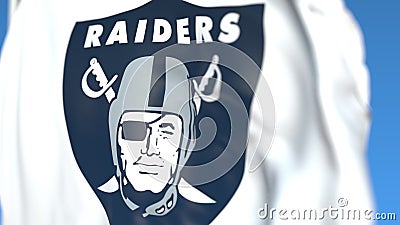 Flying flag with Oakland Raiders team logo, close-up. Editorial 3D rendering Editorial Stock Photo