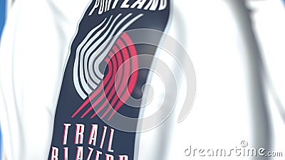 Flying flag with Portland Trail Blazers team logo, close-up. Editorial 3D rendering Editorial Stock Photo