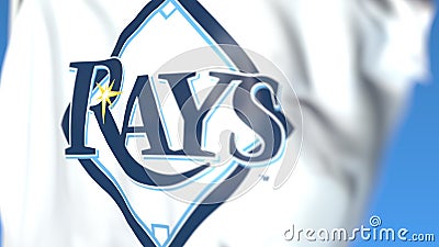 Flying flag with Tampa Bay Rays team logo, close-up. Editorial 3D rendering Editorial Stock Photo