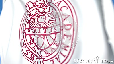 Flying flag with Uppsala University emblem, close-up. Editorial 3D rendering Editorial Stock Photo