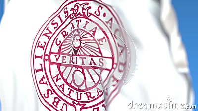 Flying flag with Uppsala University emblem, close-up. Editorial 3D rendering Editorial Stock Photo