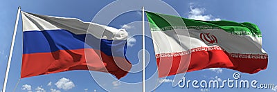 Flying flags of Russia and Iran on high flagpoles. 3d rendering Stock Photo