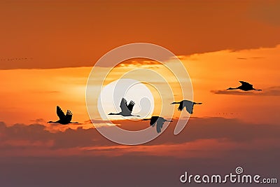 Flying flock Common Crane, Hortobagy Hungary Stock Photo