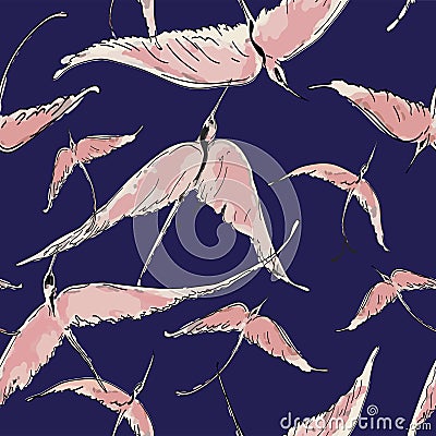 Flying flock of flamingo in the sky. Watercolor seamless pattern. Hand drawn vector illustration. Vector Illustration