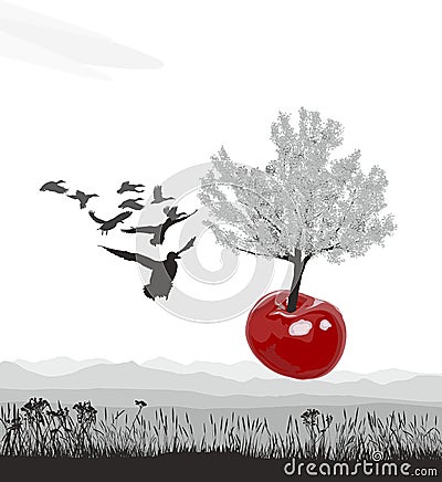 Flying flowering Cherry tree of cherries Cartoon Illustration