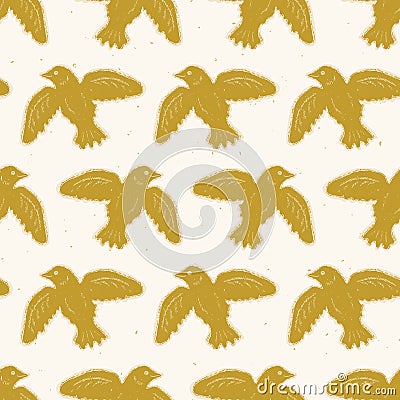 Flying Folk Art Bird Seamless Vector Pattern. Traditional Hand Drawn Block Print Style Stock Photo